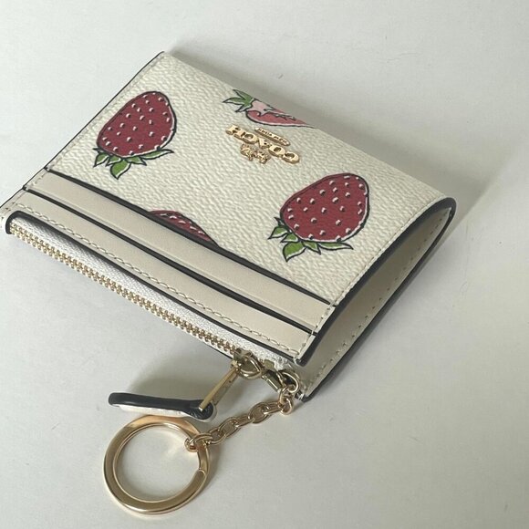 Coach Mini Skinny ID Wallet Strawberry Print Keyring CAR17 Womens White Red - Picture 3 of 10